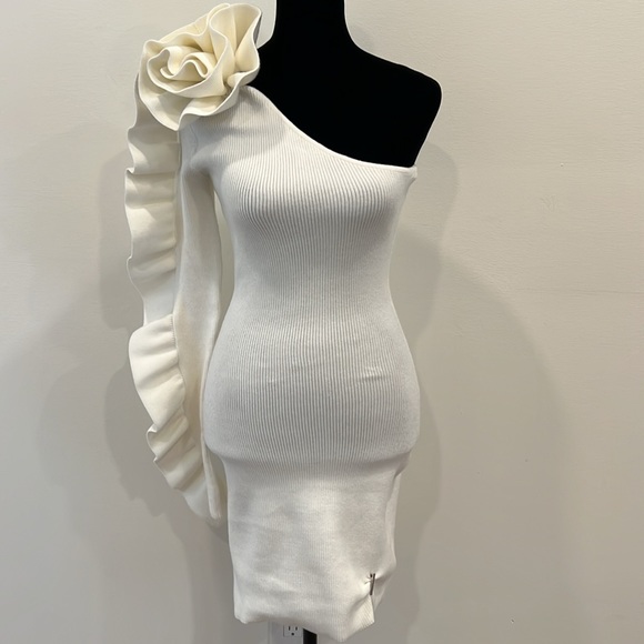 KOROBEYNIKOV KNIT ASYMMETRICAL COUTURE MINI DRESS WITH FLOWER DECOR - Picture 5 of 11